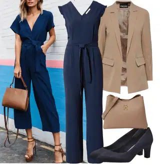 Šik Svatovski gost Outfit sa Plava/Tamnoplava Svečani Kombinezon/Elegantni Kombinezon/Ljetni Kombinezon/Vjenčanje Kombinezon/Kombinezon širokih nogavica About You "Moderan look za proljeće"Look: Ured, Pomorski, Šik, Jazz