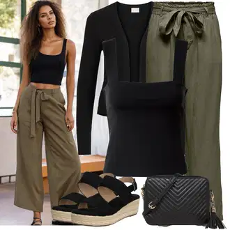Outfit s Černá/Béžová Espadrille pantofle/Espadrilka na Podpatku/Espadrille sandál/Espadrilka s klínovým podpatkem About You "Lehký outfit"
