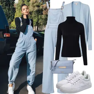 Outfit Inspo Poletje mit Rjava/Črna/Zelena Kardigan z okroglim izrezom/Kardigan s stoječim ovratnikom/Women's Pullovers with Stand-up Collar/Pulover z ovratnikom koton, Temno modra/Svetlo modra Torbica za čez ramo/Torba za čez ramo/Men's Bags/Mini torbica/Satchel torba/Torba za čez ramo/Torbica za okrog pasu tous, Svetlo modra V-kardigan/Kardigan iz kašmirja/Podložen pleteni jopič/Kardigan s stoječim ovratnikom/Volnena jopica happiness İstanbul, Temno zelena/Modra/Zelena/Turkizna Hlača iz Velveta z Naramnicami picture "Outfit iz 90. let s hlačami na preklop"
