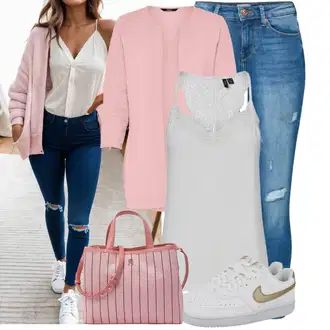 Outfit sa Bijela/Plava/Krem/Zlatni Kožna Tenisica/Niska Tenisica/Skate cipela/Tanka Tenisica/Vintage Tenisica Nike Sportswear "Moderan outfit za slobodno vrijeme"