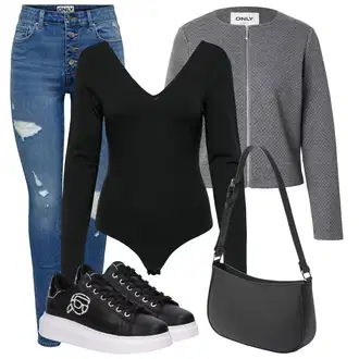 Outfit sa Siva/Svjetlosiva/Tamnosiva Pletenina/Jakna s Patentnim Zatvaračem sa strane/Održiva jakna/Merino jakna/Jakna od Flisa Pletena Flis Jakna/Crop Jakna/Boucle Jakna/Vunena Jakna/Kratka Jakna Only "Pametni ležerni odijelo"