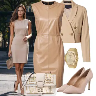 Outfit sa Bež/Smeđa/Zlatni/Kaki Uska Haljina/Haljina za ured/Haljina s Prednjim Patentnim Zatvaračem/Haljina za ured/Haljina Ravnog Kroja/Platnena Haljina/Haljina Bez Rukava/Kožna haljina B.young "Pastelno poslovno odijelo"