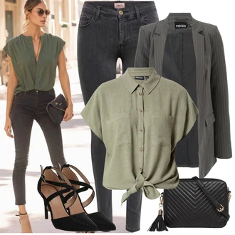 S Mašlí Outfit s Tmavě zelená/Zelená/Khaki/Světle zelená Halenka a Tunika/Halenka Móda Pro Plnoštíhlou Pieces "Stylový look na jaro"