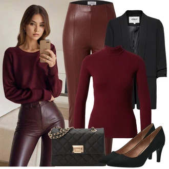 Outfit s Červená/Hnědá/Vínová/Tmavě červená Kožený legíny/Legíny Kožený Vzhled/Kalhoty z Umělé Kůže/Kožená Kalhoty Edited "Stylový look na jaro"