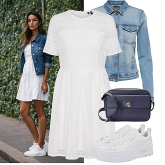 Elegantní Outfit s Bílá/Krémová/Šedá/Stříbrný Krajkové Šaty/Šaty na Konfirmaci VERO MODA "Stylový look na jaro"Look: 20 léta, Babydoll, Business, Elegantní, Old Money, Příliš oblečený, Romantický, Univerzitní, Slavnostní