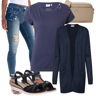 Outfit s Tmavě modrá/Černá/Béžová Sandál na klínku/Sandál S T Páskem/Římská sandála/Rybářská sandála/Pohodlný Sandál/Páskový Sandál/Espadrille sandál/Letní Bota Tom Tailor "Perfektní pro volný čas"