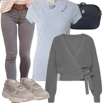 Sportovní Outfit s Šedá/Světle šedá/Tmavě šedá Kožená bunda/Capri Džíny/Dámské Džíny s Délkou 7/8/Sweat Džíny/Sportovní boty/Push up Džín/Kotníková Bota/Kožené Boty/Zkrácené Džíny/Džíny s Nízkým Sedem/Navlékací džíny/Termální Džíny Lascana "Perfektní pro volný čas"Look: Ležérní, Cool, Krásný, Venkovní, Sexy, Chytrý příležitostný, Sportovní