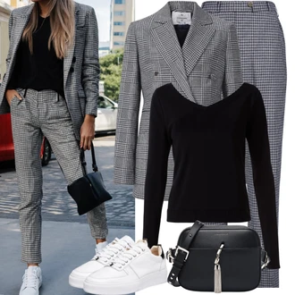 Inspirace pro outfity Old Money s Černá Bustierový Top Gina Tricot, Černá/Hnědá Taška/Klasická Taška Přes Rameno/Brašna/Sportovní Taška Přes Rameno About You "Podzimní kalhotový kostým vypadá"Look: Cool, Disko, Old Money, Techno, Rad, Šik, Klasické, Elegantní, Kancelář, Vintage
