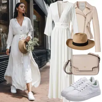 Outfit s Bílá Šaty s jedním ramínkem/Šaty s Vodopádovým Výstřihem/Občanské šaty/Šaty s Rozparkem/Šaty Bez Ramínka/Šaty s Peřím/Odvážné Šaty misspap "Pohodlné maxi šaty s kombinací tenisek"