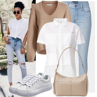 Outfit s Krémová/Bílá Košilová Blůza/Mušelínová košile/Nežehlivá košile/Košile s krátkým rukávem tatuum "Pohodlný letní outfit"