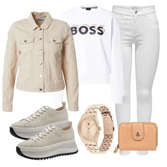 outfit mit Siva/Krem/Bela/Srebrna Kavbojke Visokega Pasu/Usnjena Jakna/Capri Kavbojke/Gležnarji/Termodžinsi/Kavbojke z Razporkom/Push up Kavbojke/Usnjene Čevlje/Ženske 7/8 Kavbojke Only "Pomladanski Outfit"