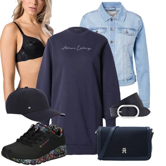 outfit mit Črna/Rjava/Modra Relief modrček/Nedrček z oporo/Balconette nedrček/Nedrček z oporo/Usnjene jakne za moške/Podloženi modrček/Korzet/Trikotni modrček/Halterneck sklece modrček/Push-Up nedrček/Modrček minimizer/Nedrček brez spodnjic TRIUMPH "Pomladanski Outfit"