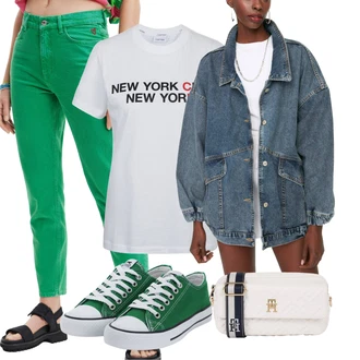 outfit mit Gležnarji/Odrezane Kavbojke/Girlfriend Kavbojke/Mom Jean/Regular Fit Kavbojke/Usnjena Jakna/Ozke Kavbojke/Zožene Kavbojke Desigual "Pomladanski Outfit"