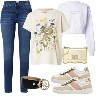 outfit mit Črna/Bež/Bela Klasični pasovi/Ženski Pas brez Zaponke/Širok pas/Usnjeni pas/Sproščeni pas/Pasni pas Guess "Pomladanski Outfit"