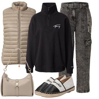 Športno outfit mit Bež/Rjava/Khaki Slip-on Jakna/Merino Jakna/Hibridna Jakna/Puhovka/Poletna Jakna/Jakna za Pakiranje/Izolacijska Jakna Save the Duck "Pomladanski Outfit"Look: Overdressed, Brez šivov, Retro, Layered, Delovna oblačila, Safari, Športno