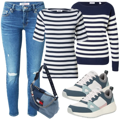Črtast Bluze velike velikosti kombinirajte z Modra Tommy Jeans, Modra/Temno modra Preprosti Puloverji/Črtasti Puloverji ESPRIT, Temno modra/Modra/Svetlo modra Bluze velike velikosti ESPRIT, Skechers, Torbe za čez ramo Tommy Jeans