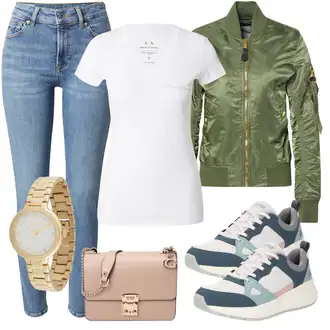 Kamuflaža outfit mit Temno zelena Bomber Jakna/Letalska Jakna Alpha Industries "Pomladanski Outfit"