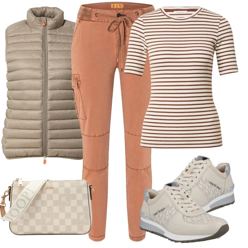 Črtast Topi kombinirajte z Bež/Rjava/Khaki Slip-on jakne/Merino jakne/Hibridne jakne/Puhovke/Poletne Jakne/Jakne za Pakiranje/Izolacijske jakne Save the Duck, Timezone, Rjava/Rdeča/Bež Prugasta majica/Topi KnowledgeCotton Apparel, MICHAEL Michael Kors, JOOP!