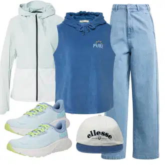 outfit mit Modra/Svetlo modra V-kardigan/Pončo & Kimono Poncho/Bombažna jopica/Pončo s kapuco/Kardigan z okroglim izrezom/Kardigan s kratkimi rokavi/Kratka jopica/Kardigan s stoječim ovratnikom/Poletni kardigan Ulla Popken "Pomladanski Outfit"
