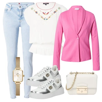 outfit mit Bela/Bež/Krem Srajčna Bluza/Obrezana majica/Srajca s kratkimi rokavi/Čipkasta srajca/Pletena majica/Slap-izrez majica King Louie "Pomladanski Outfit"