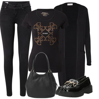 S pasom outfit mit Črna/Bela Usnjena Jakna/Motoristične Kavbojke/Kavbojka z Nizkim Pasom/Kavbojka z Nizkim Pasom/Push up Kavbojke/Ozke Kavbojke/Usnjene Čevlje/Termodžinsi/Zimska jakna Pepe Jeans "Pomladanski Outfit"