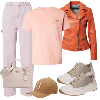 outfit mit Oranžna Vintage usnjena jakna/Motoristična jakna/Jakna iz Umetnega Usnja/Usnjena Jakna/Motoristična jakna Oakwood "Pomladanski Outfit"