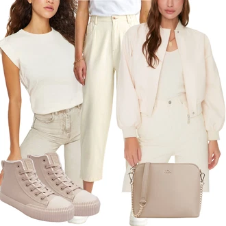 Kulotke outfit mit Khaki/Bež/Bela Kavbojke Trenirka Jeans/Usnjena Jakna/Formalna Srajca/Plisirane Kavbojke/Mom Jean/Široke Kavbojke/Culotte Kavbojke/Dad Kavbojka top secret "Pomladanski Outfit"