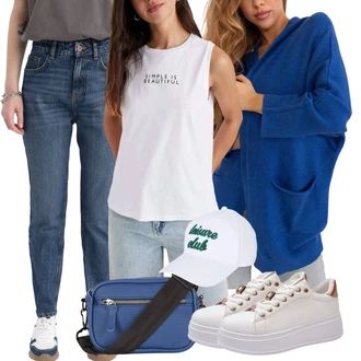 outfit mit Modra/Bela Ravne Kavbojke/Ozke Kavbojke/Dad Kavbojka/Odrezane Kavbojke/Boyfriend Kavbojke/Zožene Kavbojke/Girlfriend Kavbojke/Regular Fit Kavbojke/Formalna Srajca/Mom Jean/Gležnarji/Kavbojke Visokega Pasu DeFacto "Pomladanski Outfit"