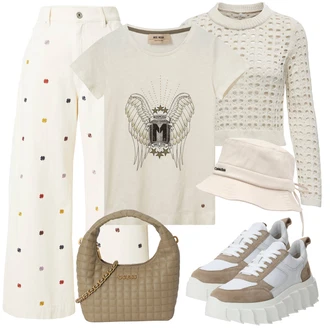 Motorno kolo outfit mit Krem/Bež/Khaki/Bela Lepa Majica/Majica s kratkimi rokavi/Grafična Majica/Majica s potiskom MOS MOSH "Pomladanski Outfit"Look: Kriket, Motorno kolo