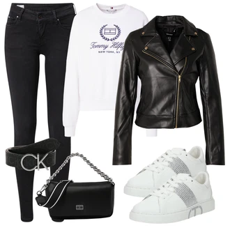 S pasom outfit mit Črna/Bela Usnjena Jakna/Motoristične Kavbojke/Kavbojka z Nizkim Pasom/Kavbojka z Nizkim Pasom/Push up Kavbojke/Ozke Kavbojke/Usnjene Čevlje/Termodžinsi/Zimska jakna Pepe Jeans "Pomladanski Outfit"