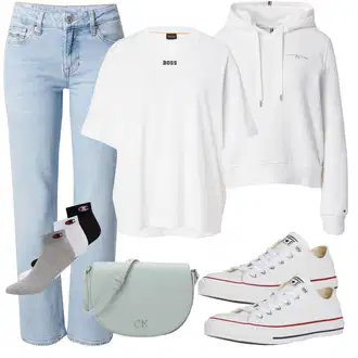 outfit mit Siva/Bela/Krem Zimski kardigan/Podložen pleteni jopič/Pončo & Kimono Pončo s kapuco/Kratka jopica/Poncho/Bombažna jopica/Trachten Jopica Tommy Hilfiger "Pomladanski Outfit"