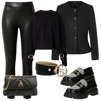 outfit mit Črna/Bež/Bela Klasični pasovi/Ženski Pas brez Zaponke/Širok pas/Usnjeni pas/Sproščeni pas/Pasni pas Guess "Pomladanski Outfit"