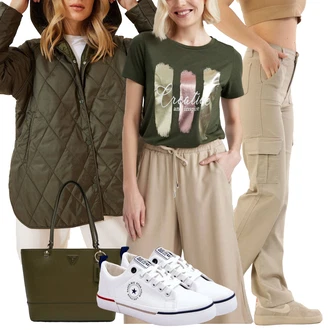 Lovstvo outfit mit Temno zelena Nakupovalna torba/Torba za čez ramo/Vrečka za prenašanje/Pisarniška torba/Torba za čez ramo/Nakupovalka Guess "Pomladanski Outfit"Look: Delovni, Jahanje, Lovstvo