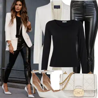 Elegantan Outfit sa Bijela/Smeđa/Ljubičasta/Krem Sako Jakna/Dvoredni Sako/Sakoi za Bluzu/Kožna jakna za muškarce/Kratki Sako/Elegantni Sako/Kožna jakna za muškarce/Sako od smokinga/Boyfriend Sako Trendyol "Poslovna odjeća u trendu"Look: Ured, Šik, Chic, Elegantan, Poslovni, Old Money, Pametno ležerno, klasický, Egirl, Burleska, Seksi