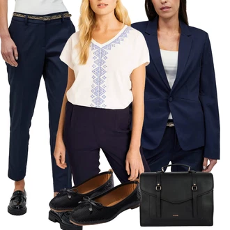 outfit mit Modra/Temno modra/Bela/Krem/Pastelne barve party Majica/Zgornji del bluze/Priložnostni Vrh/Majica Vrh/Majica s kratkimi rokavi/Srajca Carmen/Lepa Majica/Klasična Dolžina/Kratka majica DeFacto "Poslovna oblačila"