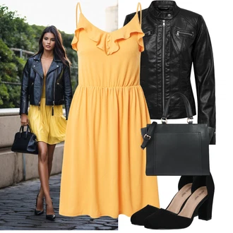 Outfit s Žlutá/Oranžová Žerzejové Šaty/Ležérní Šaty/Šaty Bez Rukávů/Šaty na tenké ramínko/Letní Šaty/Volánové šaty/Šaty Na Ramínko About You "Cool outfity na volný čas"