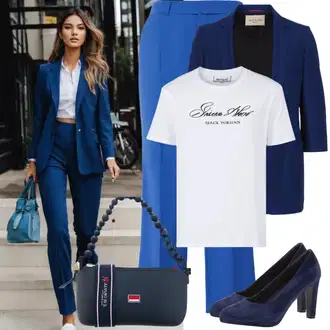 Chic Outfits Poslovna mit Svetlo modra/Modra Nagubane hlače/Obleka Hlača/Hlače z Visokim Pasom/Marlene Hlača/Hlače iz muslina/Palazzo Hlača/Hlača z Razporkom/Plisirane Hlače/Plisirane spredaj hlač/Široka Hlača about you x laura giurcanu, Temno modra Polo Ralph Lauren "Profesionalen poslovni videz"Look: Stil, Poslovna, Pisarna, Stari denar, Zunaj, Lepo, Nor, Morski, Preppy, Plemenita, Klasična