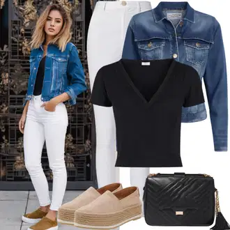 Velike velikosti outfit mit Zelena/Modra/Krem/Rjava/Svetlo modra/Temno modra/Pastelne barve/Bela Kratka Denim Jakna/Denim Jakna levi's "Prosti čas z espadrilami"