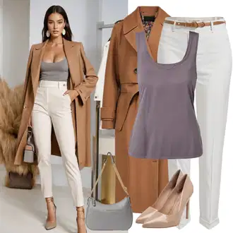 outfit mit Rjava/Bež Plašč iz Kašmirja/Volneni Plašč/Midi Plašč/Pleteni Plašč/Dolg plašč/Volnen Zimski Plašč answear lab "Retro eleganten outfit"