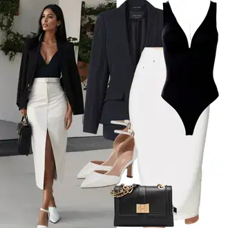 Elegantní outfity Matriční úřad s Krémová/Bílá Sukně do Délky Lýtka/Moderní Sukně/Kalhotová sukně/Džínová Sukně/Midi Sukně/Unisex Sukně/90tá Léta Sukně/Křesťanská Sukně/Sukně S Délkou Ke Kolenům/Tužková sukně Kaffe "Rockový obchodní vzhled"Look: Bar, Divadlo, Matriční úřad