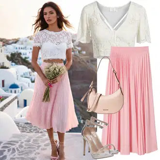 outfit mit Rjava/Bela/Črna Čipkasti top/Čipkasta srajca/Crop Top Čipka happiness İstanbul "Romantična obleka s čipkastimi topi in plisiranimi krili"