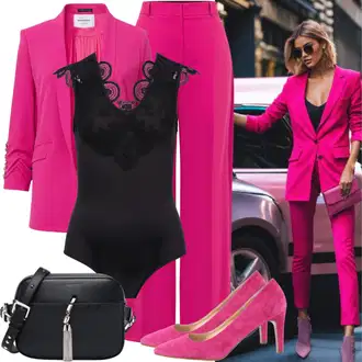 Outfity pro operu Kancelář Pracovní s Černá/Hnědá Taška/Klasická Taška Přes Rameno/Brašna/Sportovní Taška Přes Rameno About You, Růžová/Fialová Kožená bunda pro muže/Kostkované Sako/Dvojřadový Sako/Krátké Sako Rich & Royal "Rozkošný Business Outfit"Look: Rad, Šik, Klasické, Elegantní, Cool, Kancelář, Old Money, Vintage, Volný čas, Pracovní, Jízda na koni, Business, Preppy, Univerzitní, Tenis