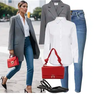 Outfit sa Bijela/Krem Bluza s Podignutim Ovratnikom/Bluza s gumbom/Bluza koja se ne pegla/Poslovna Bluza/Bluza Dugih Rukava/Bodija Bluze/Uska Kroj Bluza JdY "Outfit za sastanke"