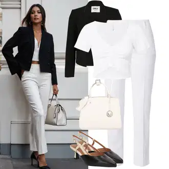 Outfit s Bílá/Krémová Zkrácený Top/Krátký Top/Krátký top/Zavinovací Tričko Only "Vkusný outfit na konference"