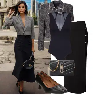 Outfit s Černá/Tmavě červená/Červená Křesťanská Sukně/Maxi sukně/Kalhotová sukně/Zimní Sukně/Pletená sukně/Midi Sukně/Vázací Sukně/Dlouhá Sukně/Sukně do Délky Lýtka/Vlněná Sukně/Vintage sukně maxi/Moderní Sukně/Tužková sukně Chiara Ferragni "Vkusný outfit na konference"