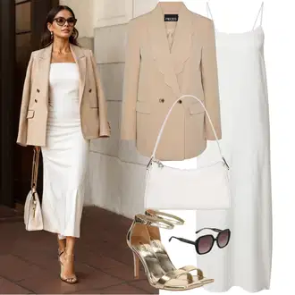 Elegantan Outfit sa Siva/Bijela/Kaki/Krem Haljina Veći Broj about you x marie von behrens "Dopadljivi outfit za sastanke"Look: Boja, Preodjeven, Elegantan, Sveučilišna, Old Money
