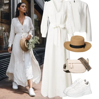 Elegantní Outfit s Bílá/Krémová/Světle zelená Francouzské šaty/Mušelínové šaty/Šaty na Konfirmaci/Občanské šaty/Šaty s Páskem/Košilové šaty ivy oak "Stylový look na jaro"Look: Business, Elegantní, Old Money, Příliš oblečený, Romantický