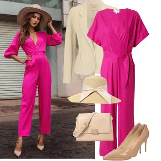 Šik Svatovski gost Outfit sa Pink Elegantni Kombinezon/Kombinezon širokih nogavica/Ljetni Kombinezon/Vjenčanje Kombinezon/Svečani Kombinezon FRNCH PARIS "Moderna kombinacija za proljeće"Look: Za Kuću, Disko, Romantičan, Rap, cool, 90-ich, Jazz, Šik, 80-te roky, Mom