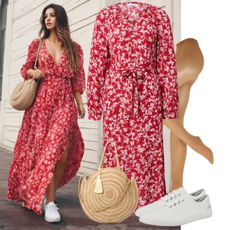 Zapínání na knoflíky Dlouhé Outfit s Červená/Fialová/Růžová/Tmavě červená Košilové šaty/Šaty S Kosticí/Zimní šaty s dlouhým rukávem/Šaty S Potiskem/Halenkové Šaty/Šaty s Páskem/Šaty na Podzim/Šaty Niki About You "Stylový look na jaro"