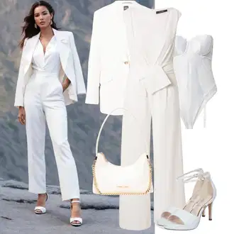 Šik Svatovski gost Outfit sa Krem/Bijela/Smeđa/Kaki Kombinezon širokih nogavica/Vjenčanje Kombinezon/Plisirani Kombinezon/Elegantni Kombinezon/Ljetni Kombinezon Vera Mont "Moderna kombinacija za proljeće"Look: Rap, 20-ih godina, Romantičan, Old Money, Jazz, Ured, Poslovni, Šik, 70-ich, Elegantan